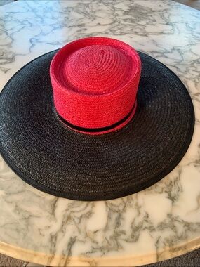 Vintage Studio Kokin Two-Tone Wide Brim Straw Sun Hat in Red and Black